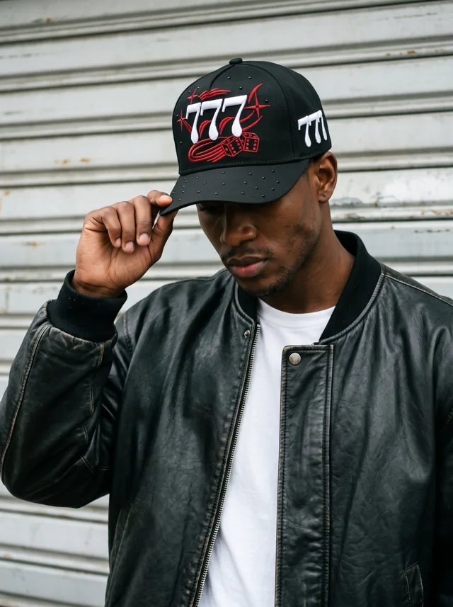 Gorra con detalle rojo, mostrada en modelo. Fotografía ORX-008.