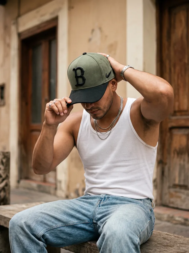 Gorra con verde oliva, mostrada en modelo. Fotografía ORX-015.