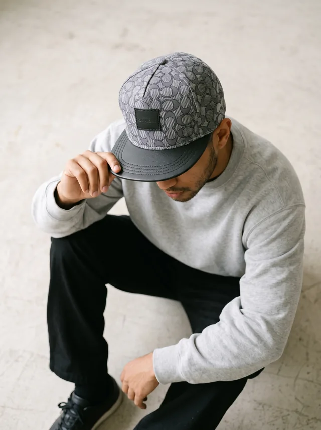 Gorra con estampado gris, mostrada en modelo. Fotografía ORX-017.