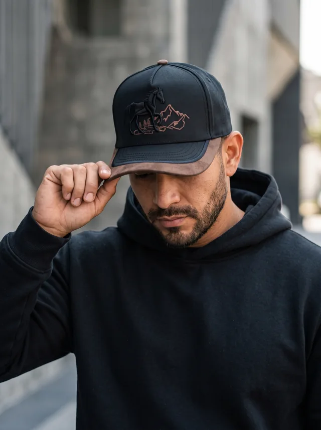 Gorra con detalles en negro, mostrada en modelo. Fotografía ORX-021.