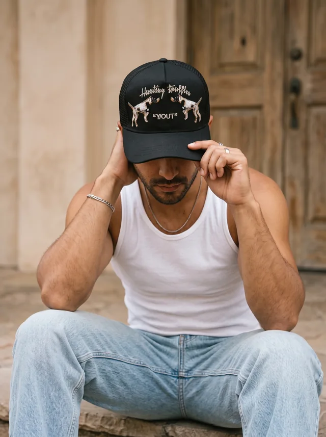 Gorra con bordado ilustrado, mostrada en modelo. Fotografía ORX-022.