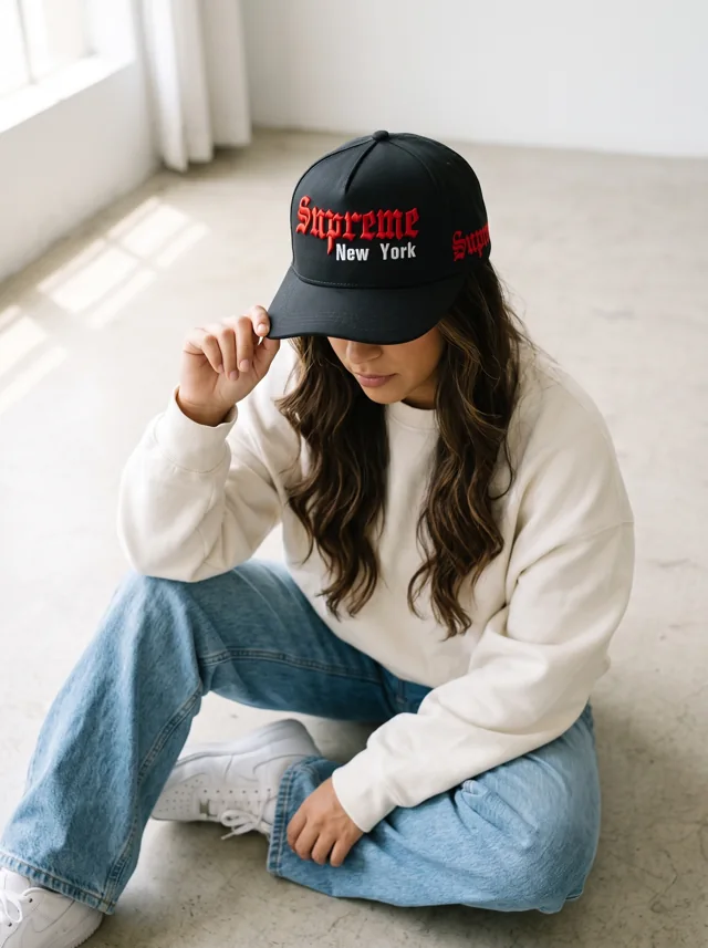 Gorra con bordado rojo, mostrada en modelo. Fotografía ORX-032.