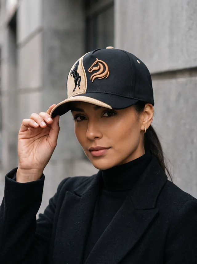 Gorra con bordado cobre, mostrada en modelo. Fotografía ORX-035.