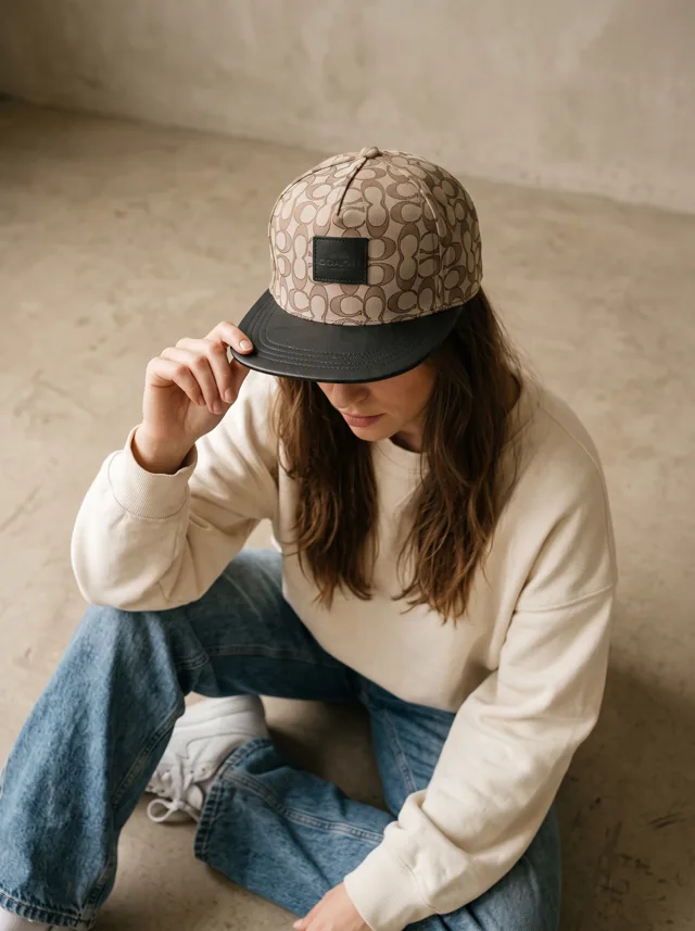 Gorra con estampado arena, mostrada en modelo. Fotografía ORX-036.