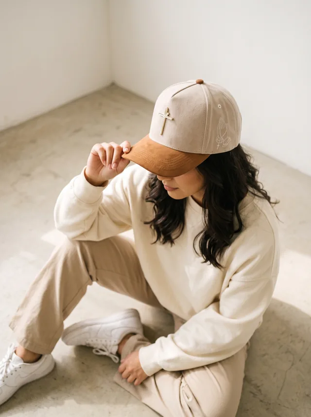 Gorra con tono arena, mostrada en modelo. Fotografía ORX-038.